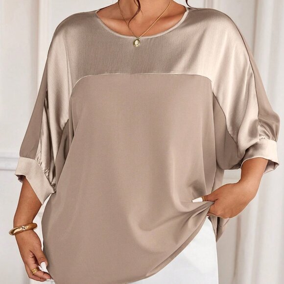 Champagne Casual Women's Plus Size Metallic Party Shirt - Picture 6 of 7